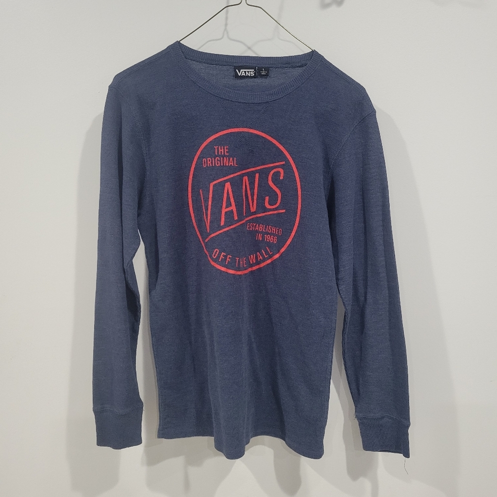 Vans Long Sleeve Blue Thermal Tee with Red Logo / Size Large